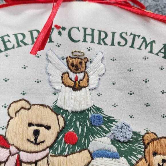 Vintage Embroidered A Beary‎ Merry Christmas Wall Hanging Holiday Decor - Picture 7 of 13